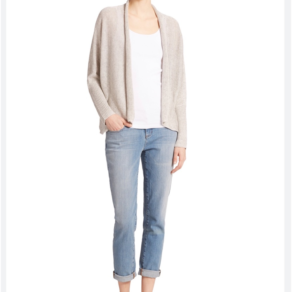 Eileen Fisher light brown marl knit open shawl collar cardigan linen blend S